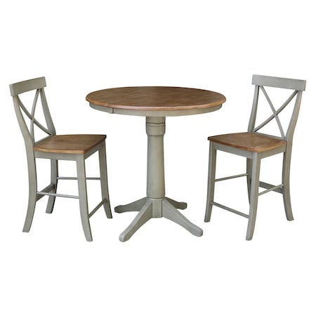 International Concepts Round 36 in Rd Extension Dining Table, 2 X-Back Counter Ht Stools, Hickory/Stone, 36 W, 48 L, Wood K41-36RXT-27B-S6132-2
